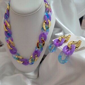 Chunky Acrylic Chain Necklace Bracelet Earrings Set Multicolor Gold Tone